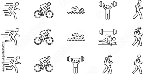 Fitness and Outdoor Sports Icon Set Featuring Running Cycling Swimming Weightlifting Hiking and Nordic Walking Linear Vector Illustration for Healthy Lifestyle