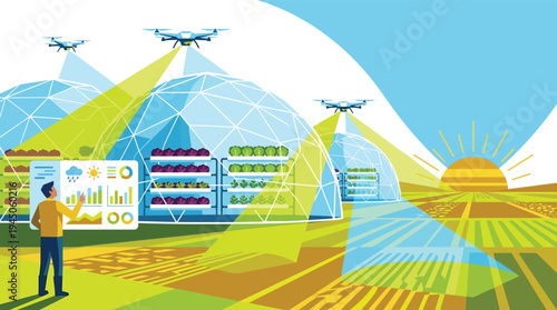 Modern Smart Farming Illustration with Drones and Greenhouse Monitoring for Sustainable Agriculture and Future Food Security