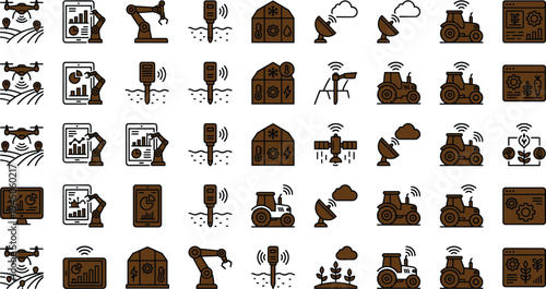 Smart agriculture technology icon set with drones tractors sensors robotics crop analytics and precision farming systems