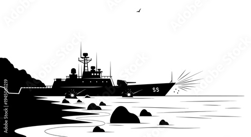 Silhouette of a Modern Warship Firing a Cannon at Sea Near Rocky Shoreline