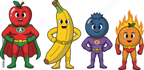 Superhero fruits characters apple banana blueberry orange cartoon mascots healthy food heroes vector illustration colorful kids design