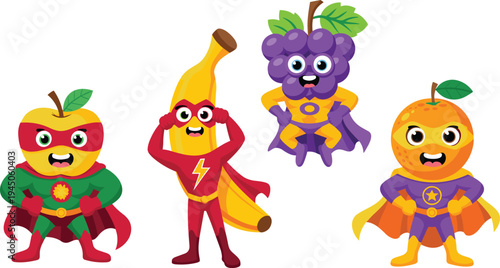 Cute fruit superhero mascot characters set apple banana grape orange cartoon heroes vector illustration for kids healthy food design