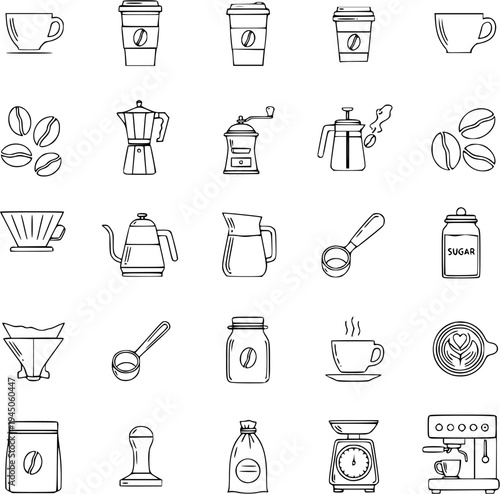Coffee making tools and beverages line art illustrations, featuring brewing equipment, coffee beans, and hot drinks