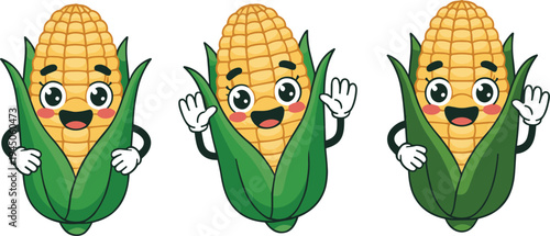 Cute corn mascot cartoon character set waving smiling sweet corn vegetable food mascot vector illustration isolated design