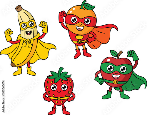 Cute fruit superhero mascot characters banana orange apple strawberry cartoon heroes healthy food kids vector illustration set design
