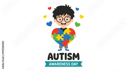 World Autism Awareness Day Vector Illustration of Boy Holding Colorful Puzzle Heart for Healthcare Campaigns