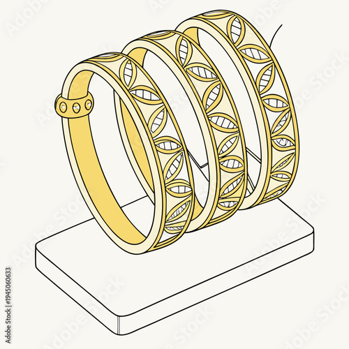 Gold of three bangles on a stand jewelry leaf pattern