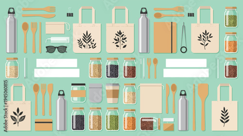 Sustainable Zero Waste Lifestyle Kit with Reusable Tote Bags Glass Jars and Bamboo Cutlery for Eco Friendly Living Concept