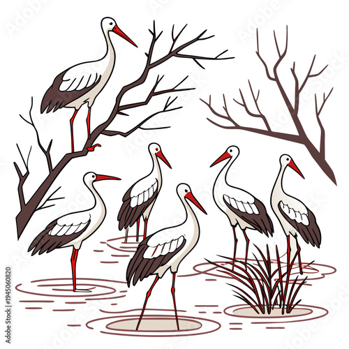 Of storks standing in a wetland birds nature wildlife