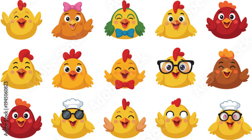 Cute chicken emoji cartoon characters set funny chick faces farm poultry mascot vector illustration collection isolated design