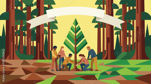 Diverse Group of Volunteers Planting a Tree in a Forest with Blank Banner for Custom Text Sustainability and Growth Concept