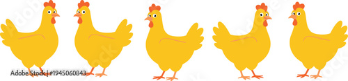 Cute chicken cartoon characters set yellow hen farm poultry animal vector illustration isolated design collection for agriculture