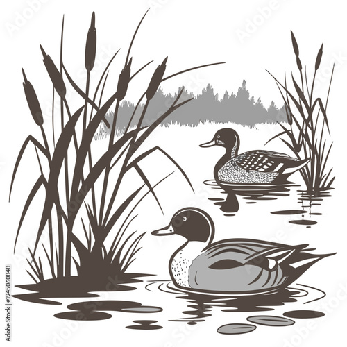 Two ducks swimming in a pond with cattails water nature