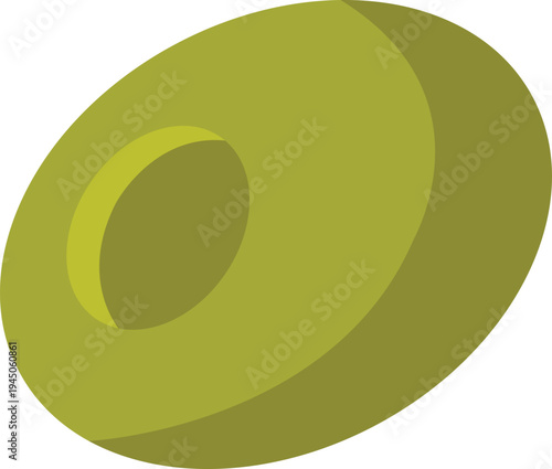 Flat vector illustration of a pitted green olive slice. This clean organic food icon is perfect for Mediterranean cuisine menus, healthy oil branding, grocery store signage.