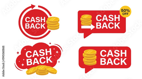 Modern Cashback Reward Promotion Labels Set with Gold Coins for Ecommerce Marketing Retail Sale and Financial Advertising Banners