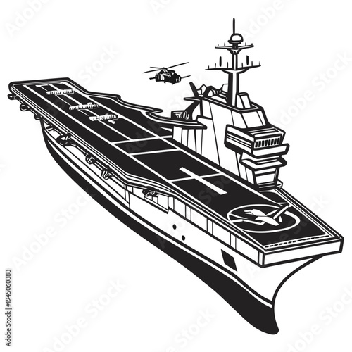 Black and White of Aircraft Carrier with Helicopter