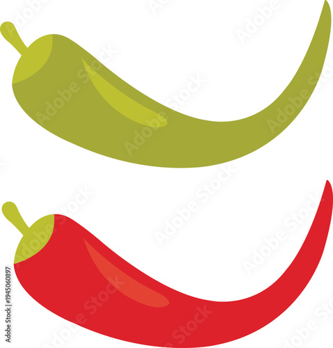 Flat vector illustration featuring two chili peppers, one vibrant red and one green.