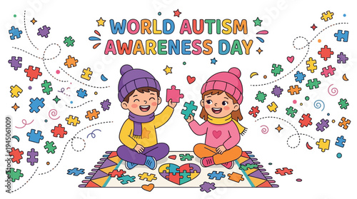 Happy Children Celebrating World Autism Awareness Day with Colorful Jigsaw Puzzle Pieces and Heart Concept Illustration