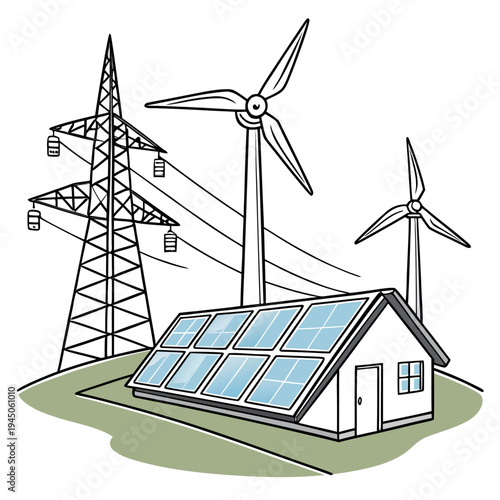 Solar panels and wind turbines with a power transmission tower