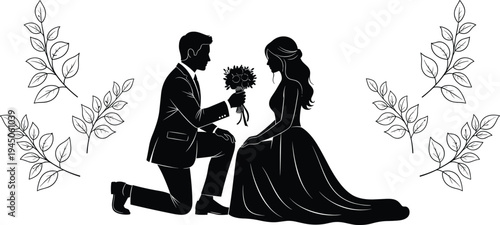 Romantic silhouette of a groom on one knee proposing with a flower bouquet to his bride surrounded by floral leaves.