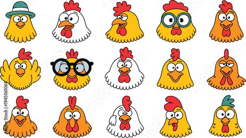 Funny chicken cartoon face icons set cute hen emoji expressions farm poultry character vector illustration isolated design collection