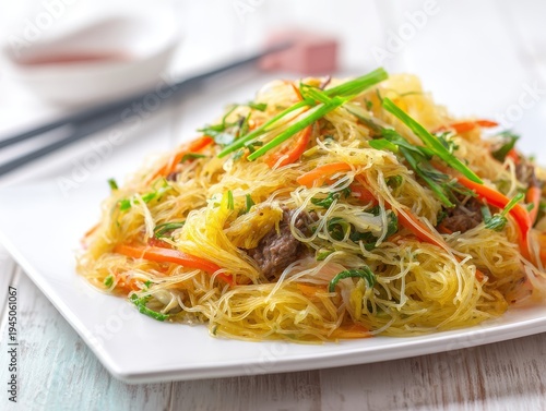 Plate Of Pancit Bihon Noodles With Meat And Vegetables Close Up Studio Shot