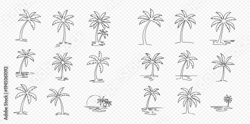 Continuous line drawing of tropical palm trees set, hand drawn minimalist design for summer vacation and beach concepts.