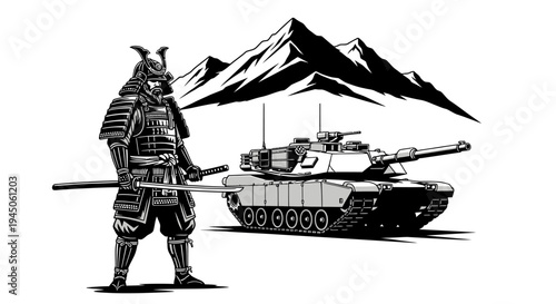 Samurai Warrior Stands Guard Beside Modern Tank with Mountain Background