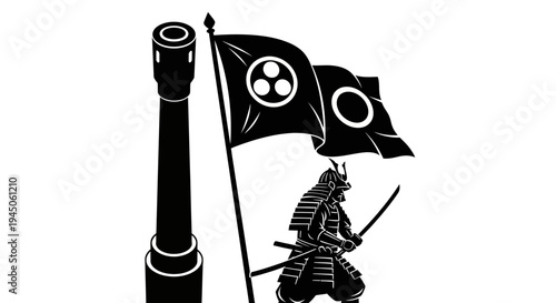 Samurai Warrior with Japanese Flag and Cannon