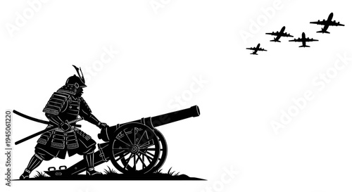Samurai Warrior with Cannon Facing Modern Airplanes - Historical vs Technology Concept