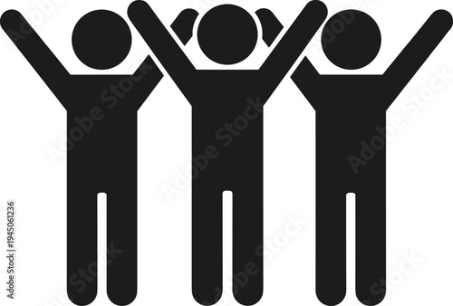 Three happy friends or family members silhouette icon, people with raised hands celebrating success together, community unity and teamwork concept, black