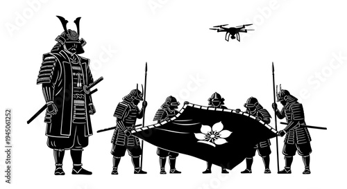 Samurai Warriors with Drone and Clan Banner: Tradition Meets Technology