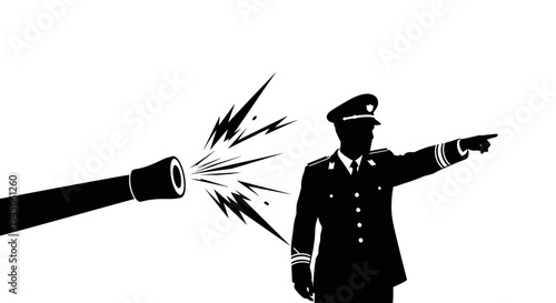 Silhouette of a police officer directing traffic with a cannon firing behind him.