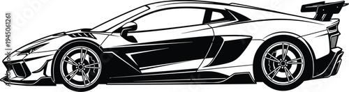 Modern supercar vector illustration, black and white sports car silhouette, racing vehicle side view, exotic luxury automobile icon for automotive design