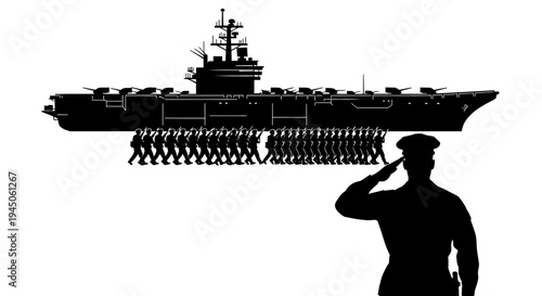 Silhouette of Aircraft Carrier and Soldiers Marching, Soldier Saluting