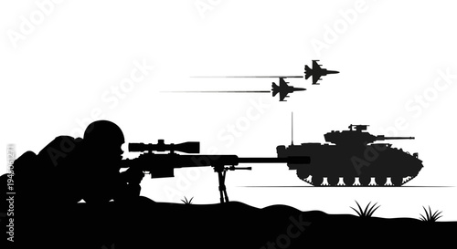 Silhouette of Sniper Aiming at Tank with Fighter Jets Flying Overhead