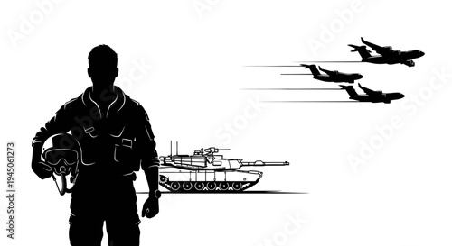 Silhouette of Pilot with Fighter Jets and Tank: Military Power and Air Force