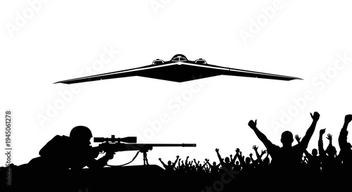 Silhouette of Sniper, Stealth Bomber, and Cheering Crowd