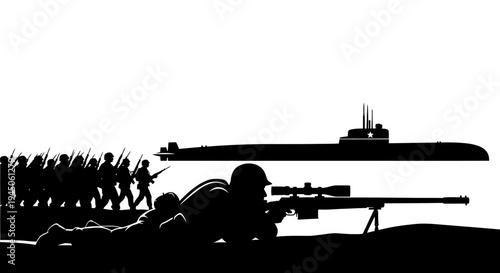 Silhouette of Sniper and Soldiers Marching with Submarine in Background