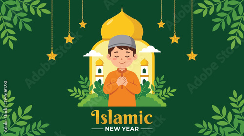 Islamic New Year Celebration Illustration Featuring Cute Muslim Boy Praying In Front Of Mosque With Golden Dome And Stars