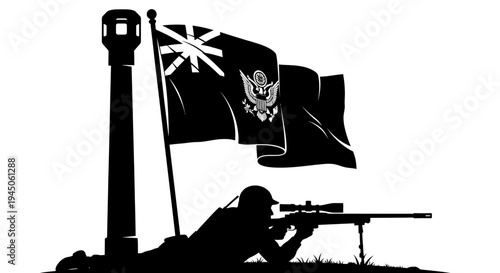 Silhouette of Sniper Aiming Rifle Under Waving Flag and Lighthouse