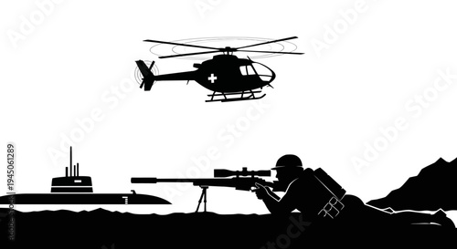 Silhouette of sniper, submarine, and helicopter in a military operation