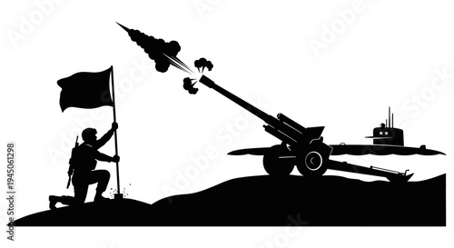 Silhouette of Soldier Launching Missile from Artillery Gun with Submarine in Background