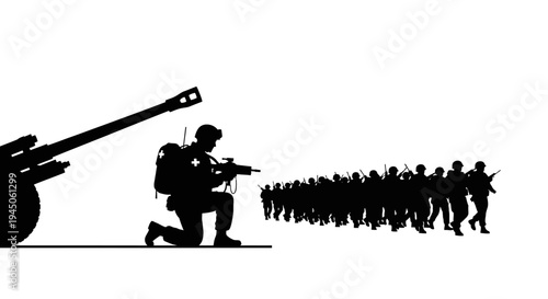 Silhouette of Soldier Kneeling with Rifle Aimed, Artillery Gun, and Marching Troops