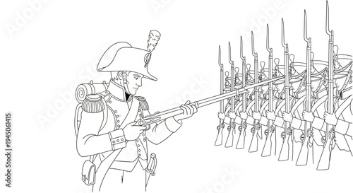 Soldier in historical uniform aiming musket with line of soldiers in background