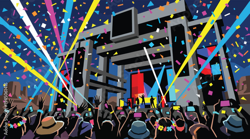Music Festival Stage Background with Energetic Crowd Cheering and Confetti for Summer Concert Events and Entertainment Marketing