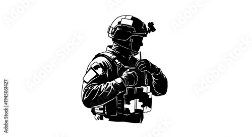 Soldier in Tactical Gear Adjusting Vest, Military Special Forces Operator, Black and White Illustration