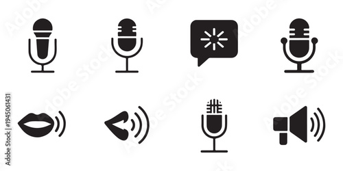 Voice and sound icon set featuring various microphones speech bubbles and audio waves with speaker and mouth