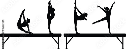 Gymnastics Balance Beam Silhouettes Featuring Female Athletes Performing Artistic Routines Acrobatics and Flexibility Poses for Sports Design and Olympic Competition Illustration