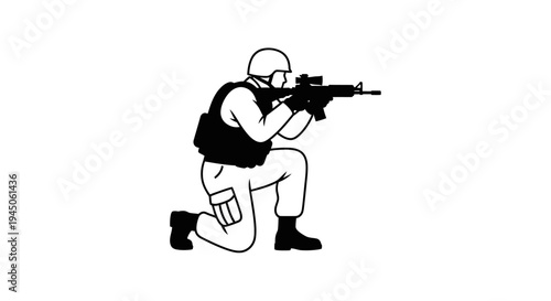 Soldier Kneeling Aiming Rifle, Military Action, Tactical Gear, Combat Ready
